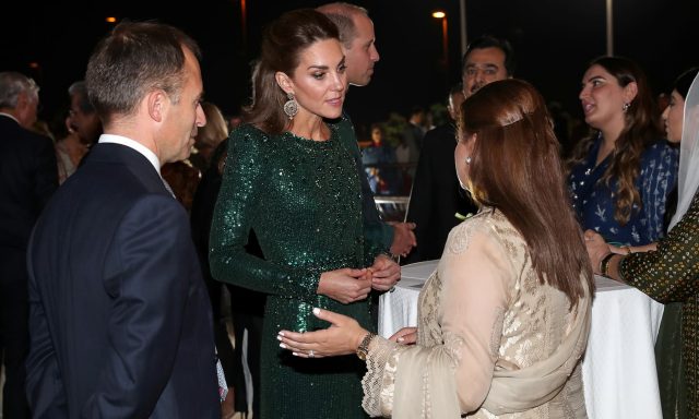Britain's Prince William and Catherine, Duchess of Cambridge, speak with guests as they attend a reception hosted by the British High Commissioner to Pakistan, Thomas Drew, at the Pakistan National Monument in Islamabad, Pakistan October 15, 2019.