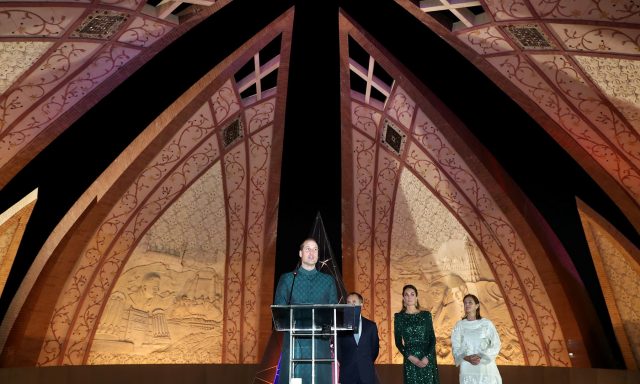 Britain's Prince William makes a speech as he attends a special reception with Catherine, Duchess of Cambridge, hosted by the British High Commissioner to Pakistan, Thomas Drew, at the Pakistan National Monument in Islamabad, Pakistan October 15, 2019.