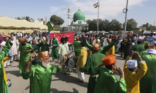 Pakistani Muslims participate in a rally to celebrate the birthday of Islam's Prophet, Muhammad, in Karachi, Pakistan, Sunday, Nov. 10, 2019. To mark the holiday thousands of Pakistani Muslims take part in religious processions, ceremonies and by distributing free meals to the poor.