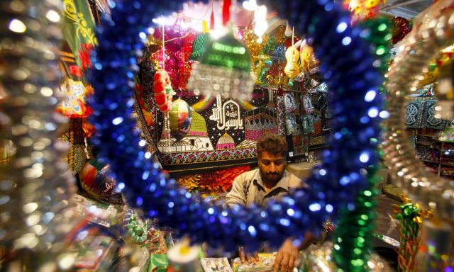 flags, badges and souvenirs are being selling at roadside stalls in connection of 12th Rabi-ul-Awwal, the birthday anniversary of Holy Prophet Muhammad (PBUH) coming ahead, at Ghanta Ghar Bazar in Peshawar on Tuesday, November