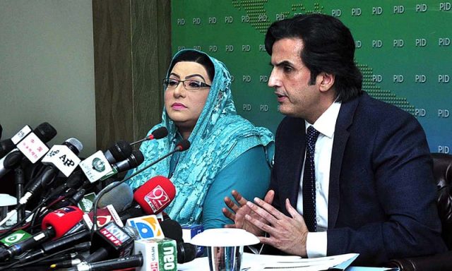Federal Minister for Planning, Development and Reforms Makhdoom Khusro Bakhtiar and Special Assistant to the Prime Minister for Information and Broadcasting Dr. Firdous Ashiq Awan addressing a joint press conference at PID Media Center. APP photo by Saleem Rana