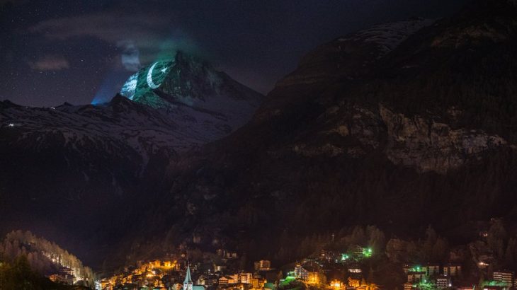 Pakistan's flag projected on the Switzerland's Mount Matterhorn