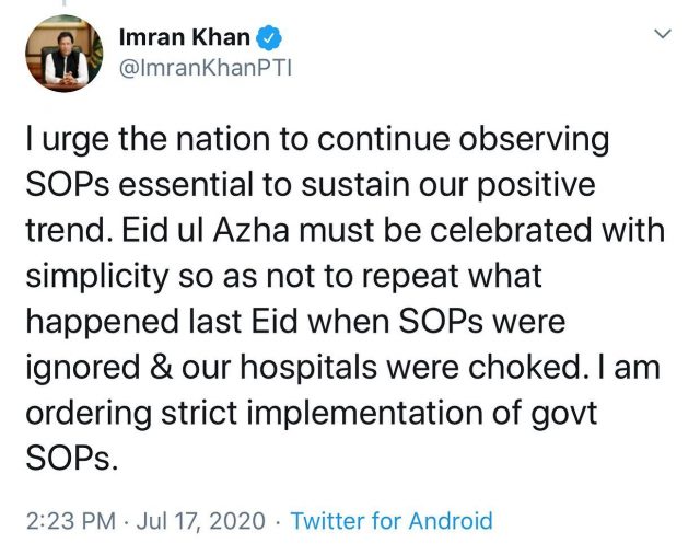 PM Imran urged people to continue observing SOPs on Eidul Azha in a tweet on Friday.